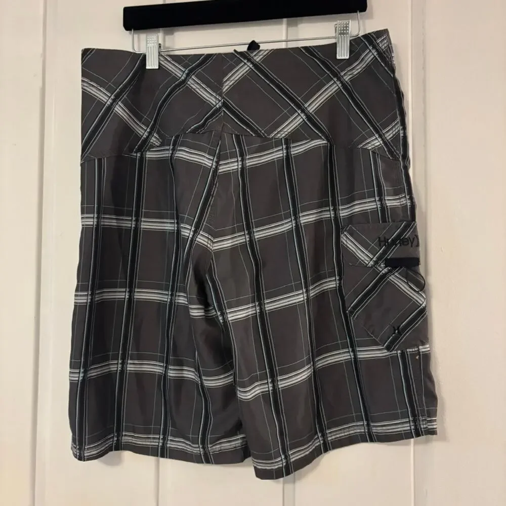 Hurley Mens Board Shorts Size 32 Gray Plaid Swim Trunks Surf